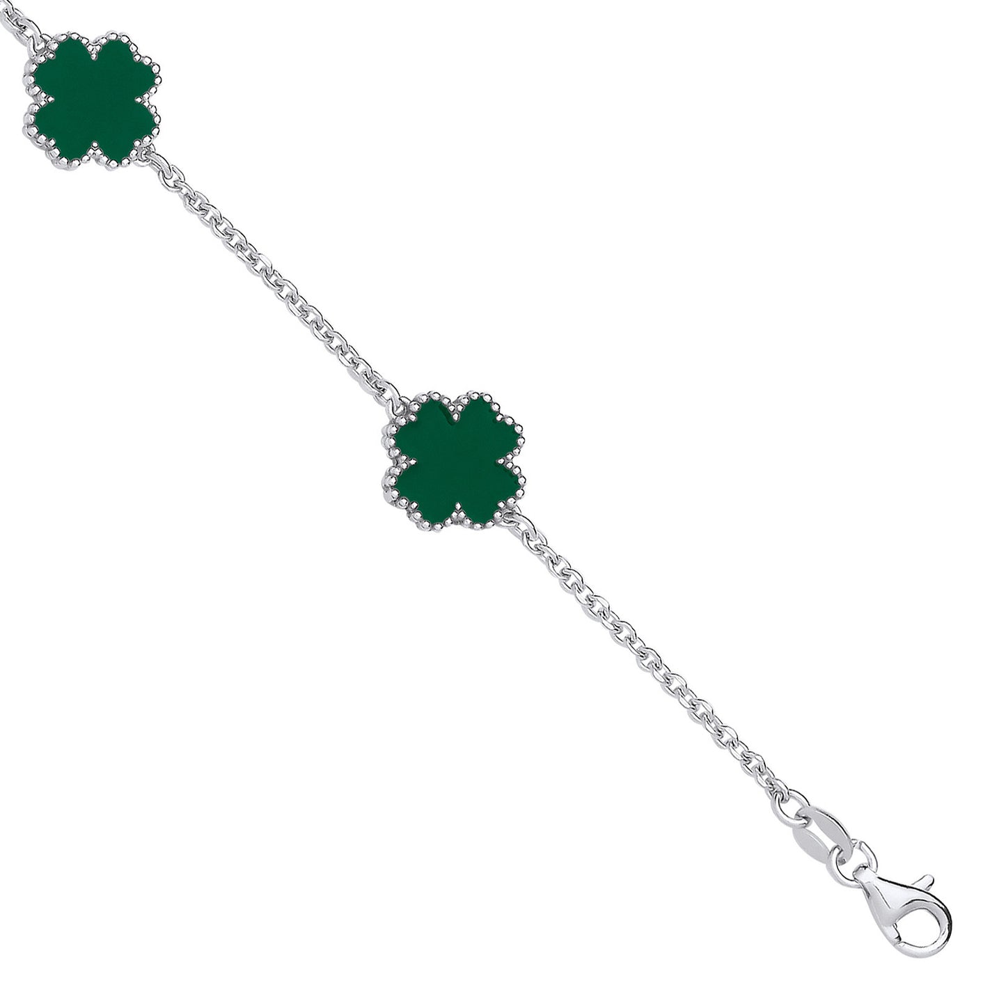 Silver Green Enamel Four Leaf Clover Bracelet