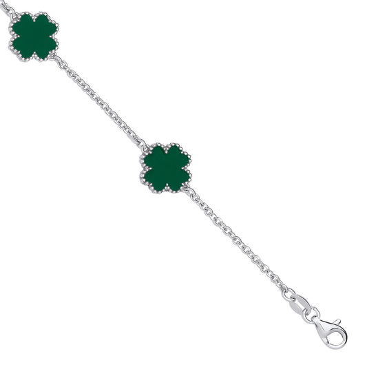 Silver Green Enamel Four Leaf Clover Bracelet